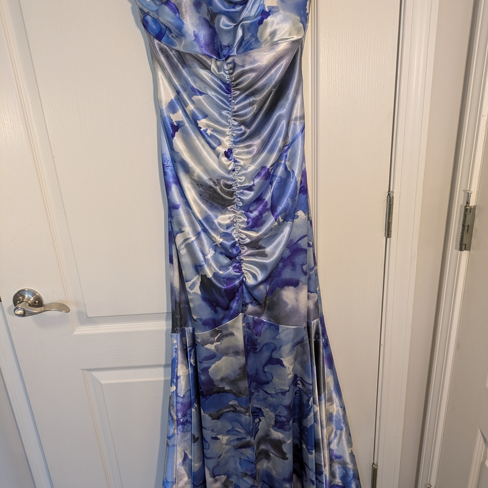 Jump One-Shoulder Satin Dress in Blue and Silver Watercolor Floral